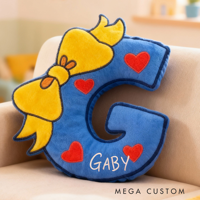 Personalized Letter Name Custom Soft Decorative Gift Blue Yellow Bow Style Cute Heart Cozy Fun Playful Lovely Kids Room Sweet Adorable Plush Decor Graphic 3D Print Pillow