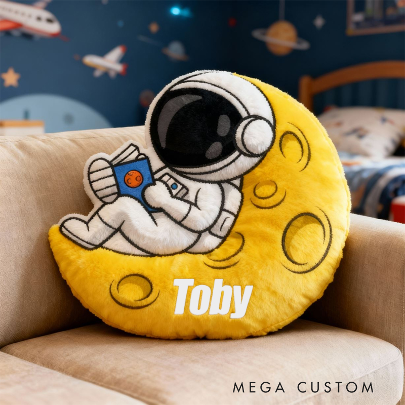 Personalized Astronaut Moon Name Custom Soft Decorative Gift Space Adventure Style Fun Playful Cozy Kid Room Dream Galaxy Rocket Star Planet Cosmic Graphic 3D Print Pillow