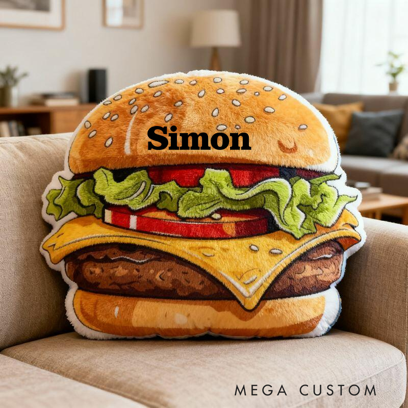 Personalized Burger French Fries Name Custom Soft Decorative Gift Tasty Fast Food Style Fun Snack Comfort Cozy Living Room Lovely Kitchen Playroom Funny Cheeseburger Graphic 3D Print Pillow