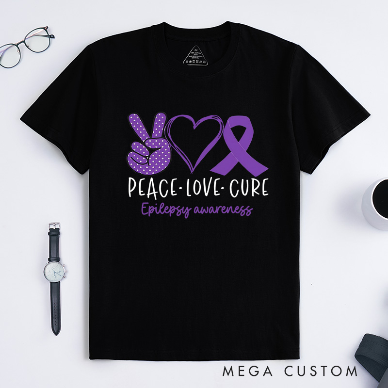 Personalized Peace Love Cure Hearts and Ribbon Design Supporting Epilepsy Awareness and Positivity T-shirt