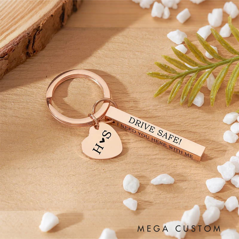 Personalized Drive Safe Keychain Metal Keyring Bar Keychain Valentine's Day Gift for Couple Key Chain Anniversary Gift for Dad New Driver Gifts