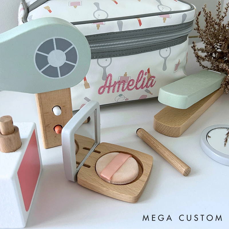 Personalized Wooden Kids Barber Role-Play Toy Set 16-Piece Pretend Salon Toy Customizable Name Gift for Babies & Toddlers