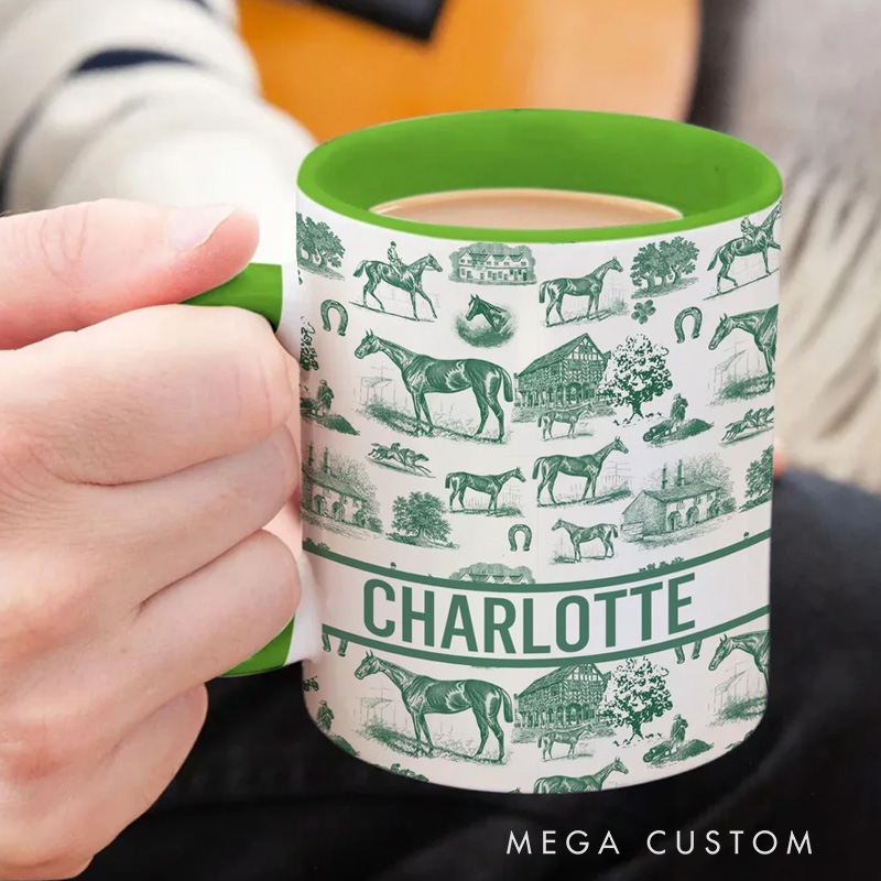 Personalized Multicolor Equestrianism Pattern Ceramic Coffee Mug with Text and Coaster Anniversary Birthday Gift for Equestrians Cowgirls Riding Lovers