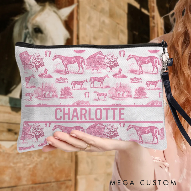 Personalized Equestrian Pattern Linen Makeup Bag with Name Birthday Gift for Women Riding Lovers