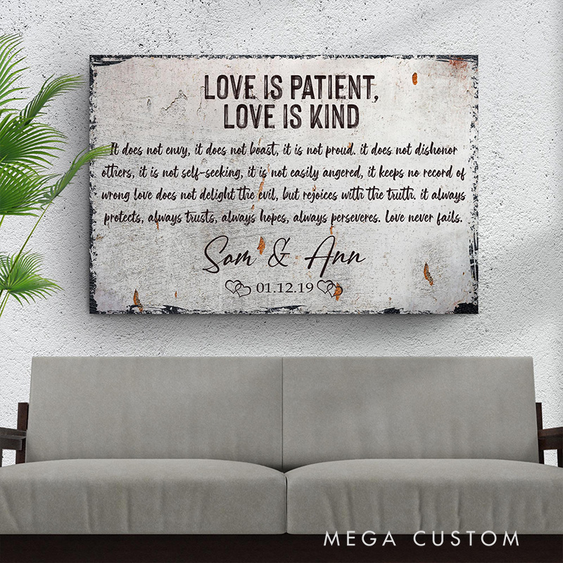 Personalized Love is Patient Love is Kind Canvas Painting with Couple Names Date Religious Gift Wedding Anniversary Gift Valentine Gift for Couple