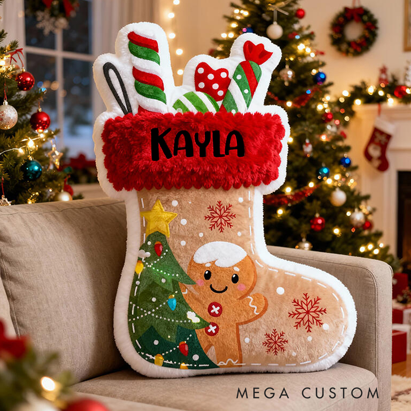 Personalized Cute Gingerbread Man Christmas Stocking with Name Graphic 3D Print Pillow Christmas Gift for Kids or Baby Birthday Gifts