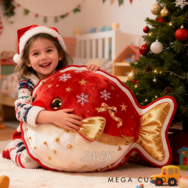 Personalized Christmas Red Pufferfish with Name Graphic 3D Print Pillow Christmas Gift for Kids Birthday Gift