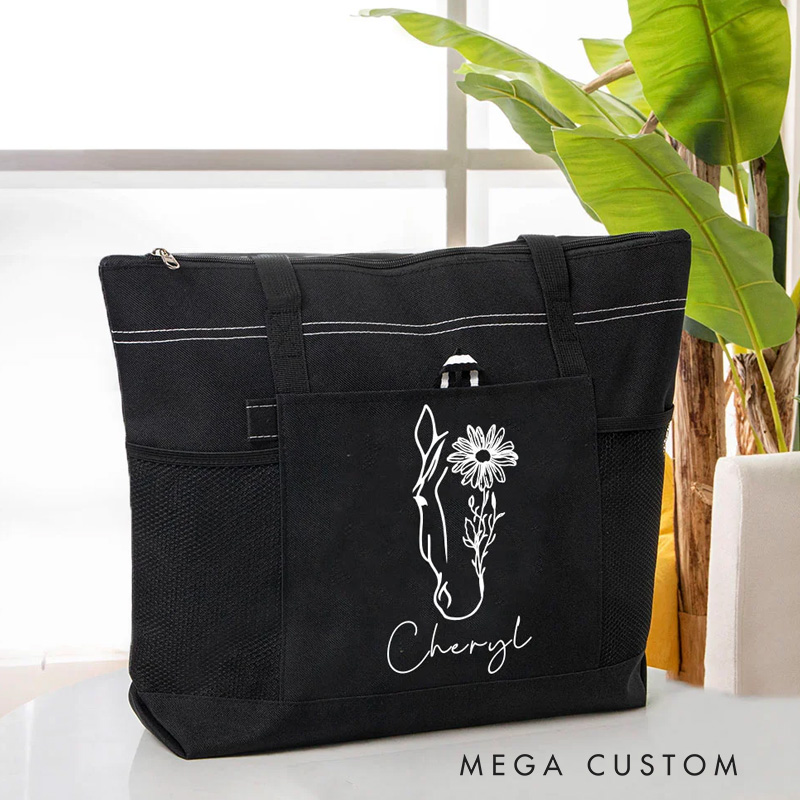 Personalized Horse Birth Flower Oxford Large Tote Bag with Name Travel Essentials Birthday Gift for Riding Lovers