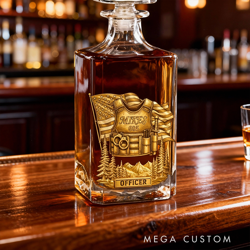 Personalized Police Officer Whiskey Glass and Decanter Set | Custom Name Badge & Gear Design Gift for Law Enforcement