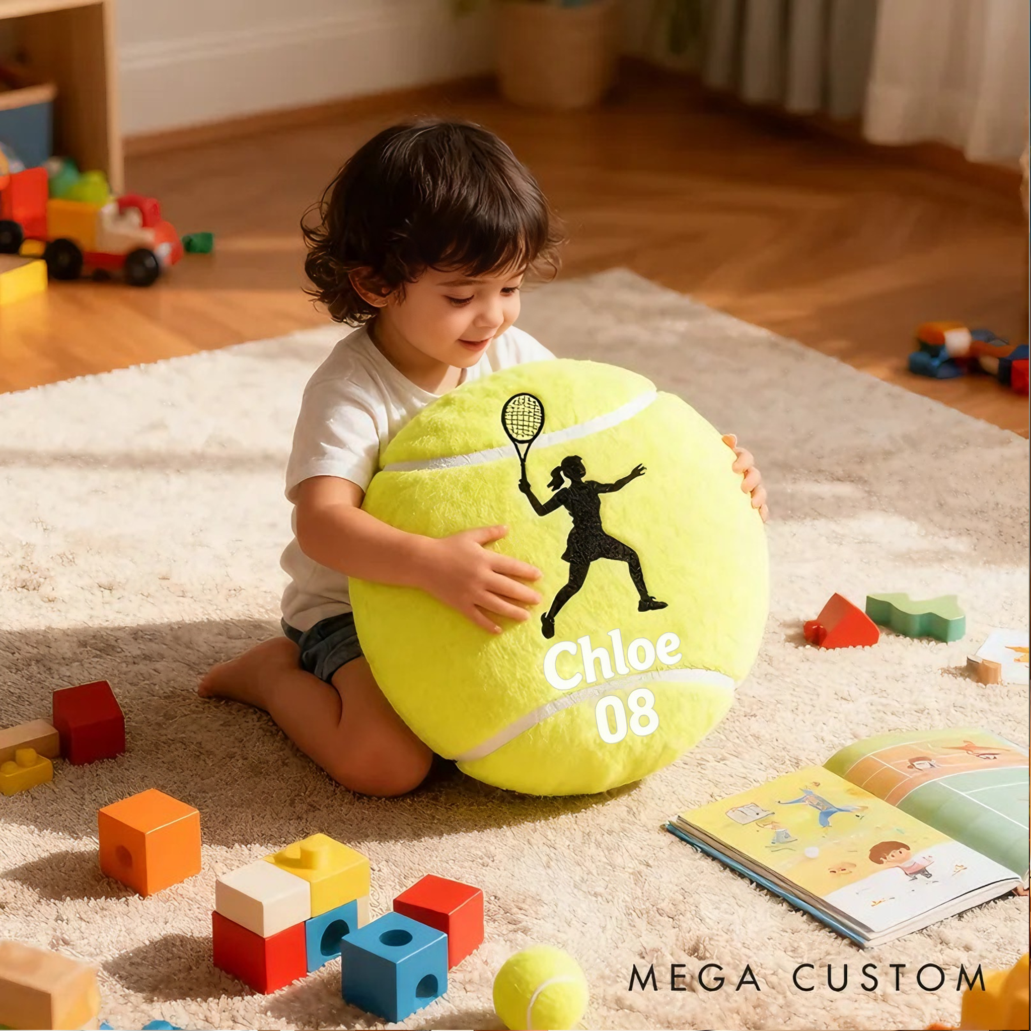 Personalized Tennis Ball Pillow with Player Graphic and Custom Details for Sports Fans