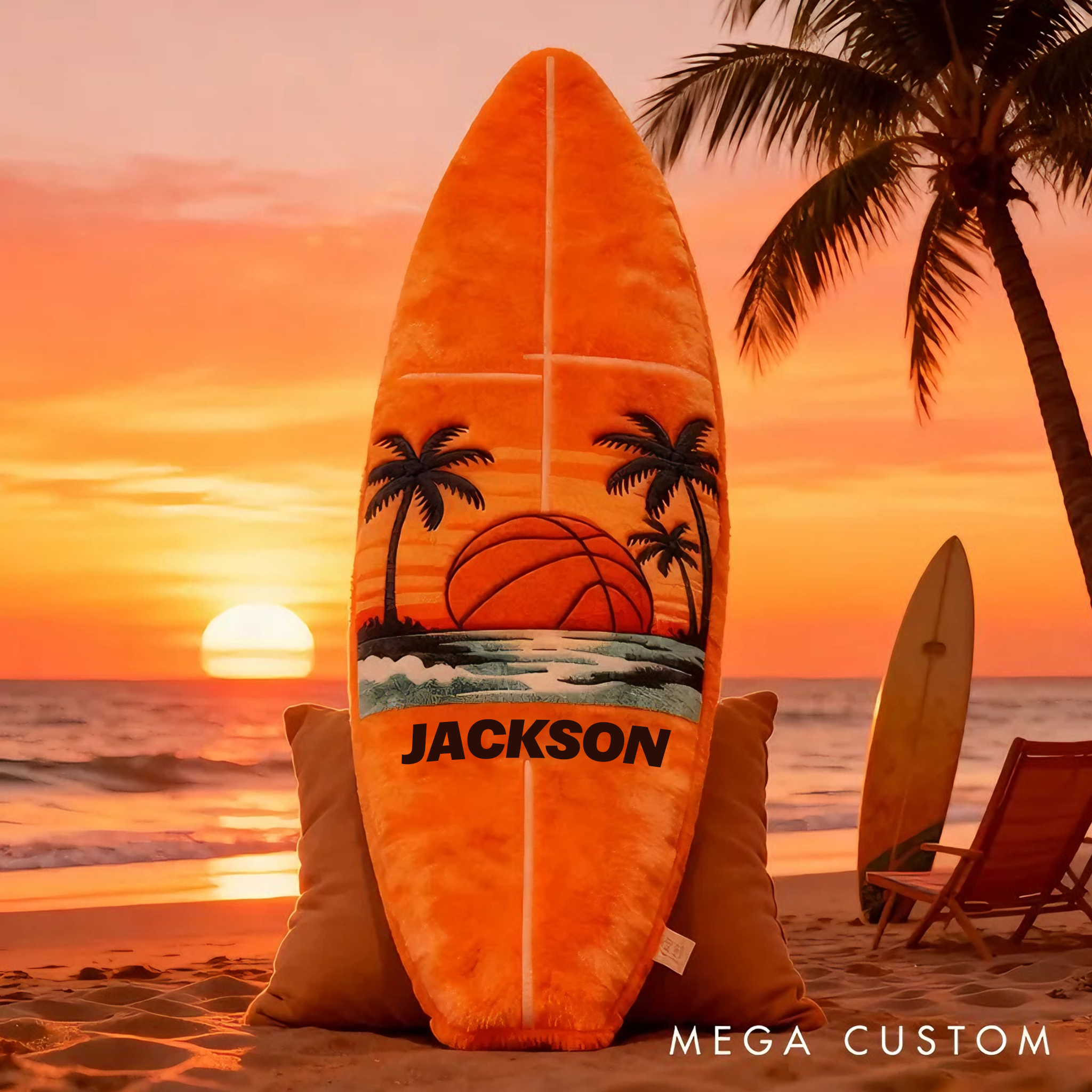 Personalized Surfboard Basketball Pillow with Custom Name for Beach Lovers and Basketball Lovers