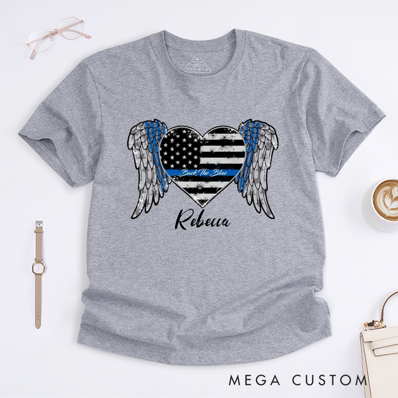 Personalized Police Thin Blue Line Heart with Wings Design Gift for Policewoman Police Officer T-Shirt