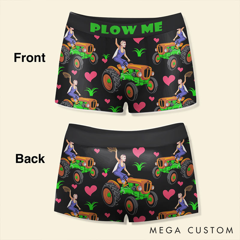 Personalized Girlfriend Wife Face Farmer Men Plow Me Boxer Briefs Men Underwear with Woman Face Photo Valentines Day Gift for Boyfriend Husband