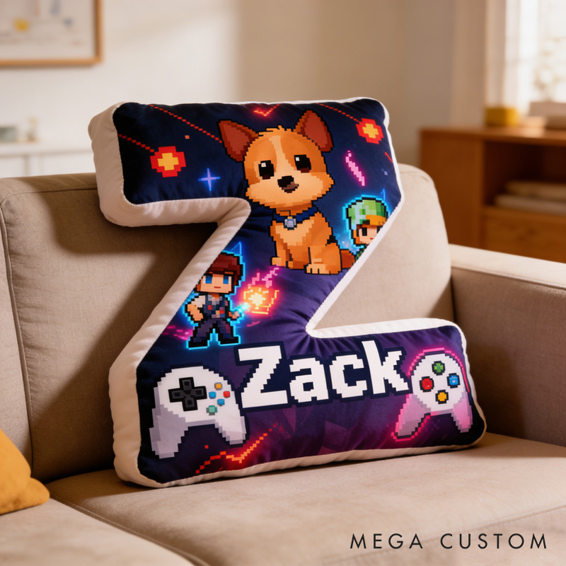 Personalized Game Controller Dog Pixel Letter Pillow with Your Name and Photo Perfect Gift for Gamers and Kids