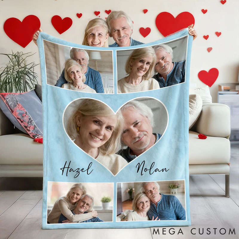 Personalized Heart Couple Photos Soft Throw Blanket Valentine's Day Anniversary Gift for Couple Custom Photo Collage Blanket for Couple