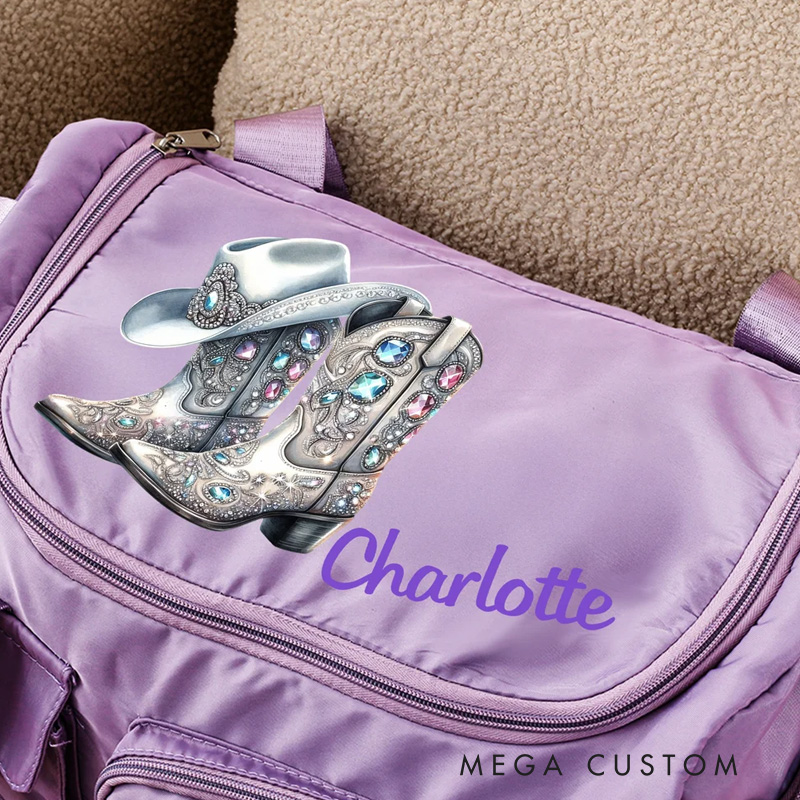 Personalized Vintage Jewelry Cowboy Boots Multi Compartment Large Travel Bag with Name and Shoulder Strap Travel Birthday Gift for Women Cowgirls Riding Lovers Equestrian Lovers