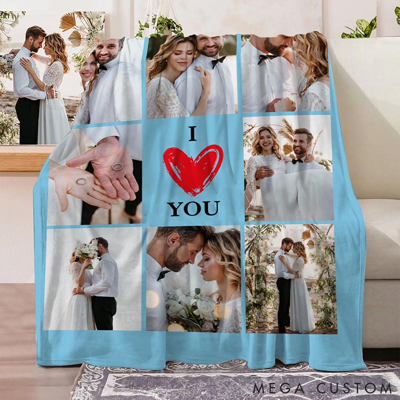 Personalized I Love You Photos Collage Soft Throw Blanket Custom Home Decor Blanket for Couples Valentine's Day Anniversary Gift Blanket