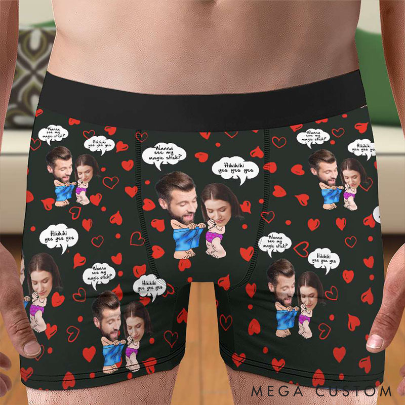 Personalized Couple Face Matching Boxer Brief Men Women Wanna See My Magic Stick Underwear with Couple Face Photo Valentines Day Gift for Him Her