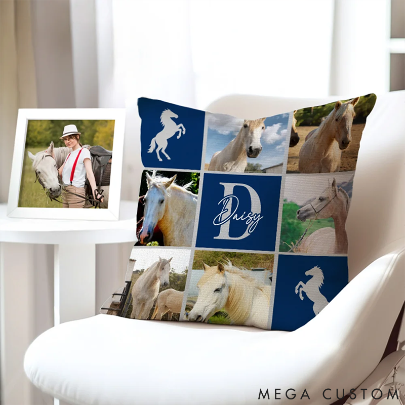 Personalized Pet Lover ine-Square Grid Photo Collages Horseshoe Throw Pillows