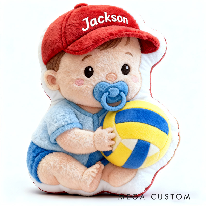 Personalized Baby Boy Name Custom Kids Gift Cute Red Hat Balls Blue Outfit Soft Playful Decorative Graphic 3D Print Pillow