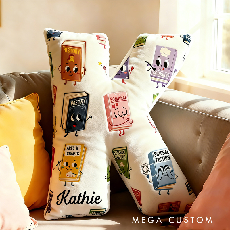 Personalized Book Genres Alphabet Throw Pillow Graphic 3D Cozy Bookish Pillow with Name for Kids Bookworm Librarian Christmas Throw Pillow Bookish Gift