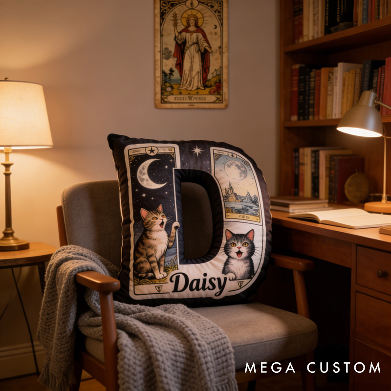 Personalized Magic Cat Tarot Letter Pillow Decorated with Name for Kids Magic Lovers and Pet Lovers