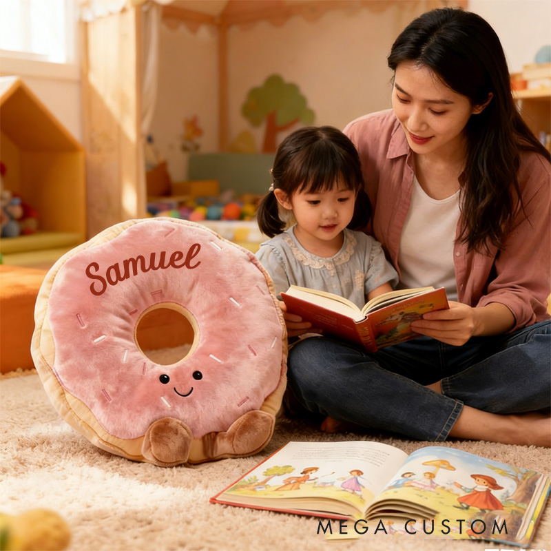 Personalized Sitting Donut Throw Pillow Graphic 3D Print Pink Donut Pillow with Name for Kids Boys Girls Baker Gift 