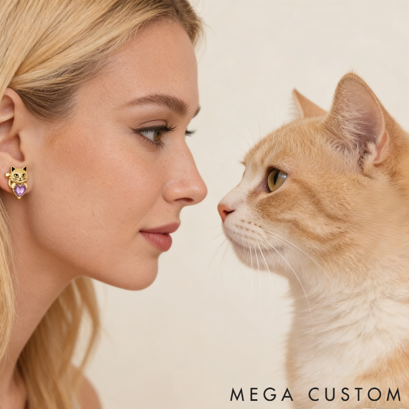 Personalized Heart-Shaped Birthstone Stud Earrings with Cat Motif Sterling Silver Jewelry Gift for Her