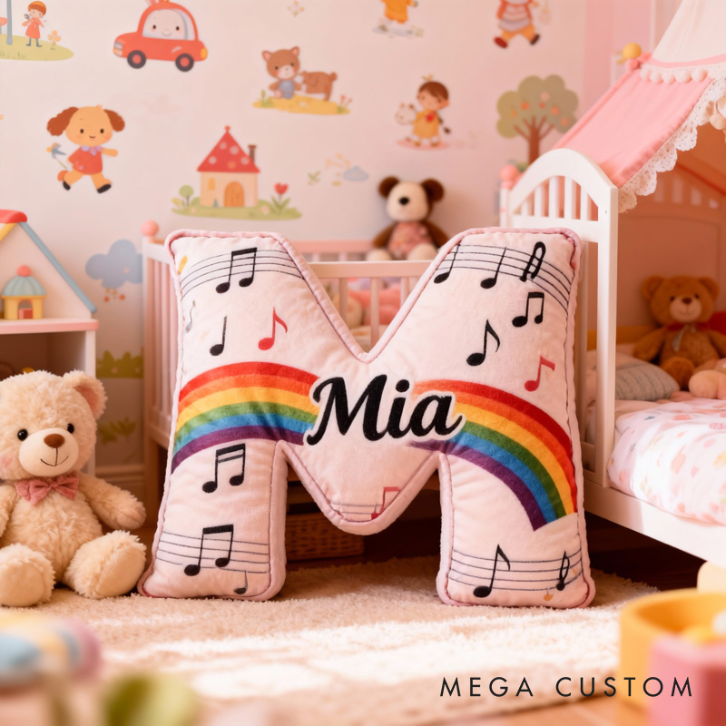 Personalized Rainbow Musical Note Letter Pillow with Name Soft Stuffed Toy for Kids Music Lovers Unique Decorative Cushion for Girls' Room