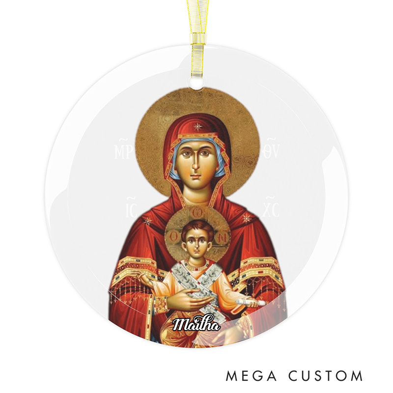 Personalized Virgin Mary Glass Ornament with Custom Name Theotokos Glass Decor Orthodox Nativity Ornament Religious Christian Gift