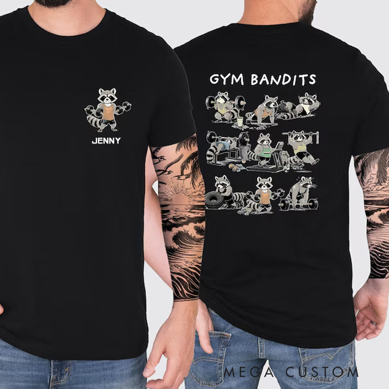 Personalized Funny Raccoon Gym T-shirt Gym Bandits Raccoon Workout Shirt for Fitness Enthusiasts Bodybuilders and Gym Lovers