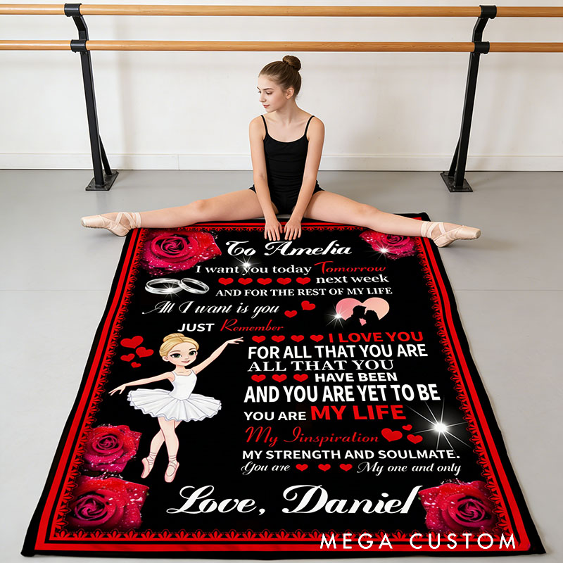 Personalized Rose Heart Cartoon Character Soft Throw Blanket with Name and Photo Valentine's Day Anniversary Gift Gift for Ballet Dancer Family Lover Friends