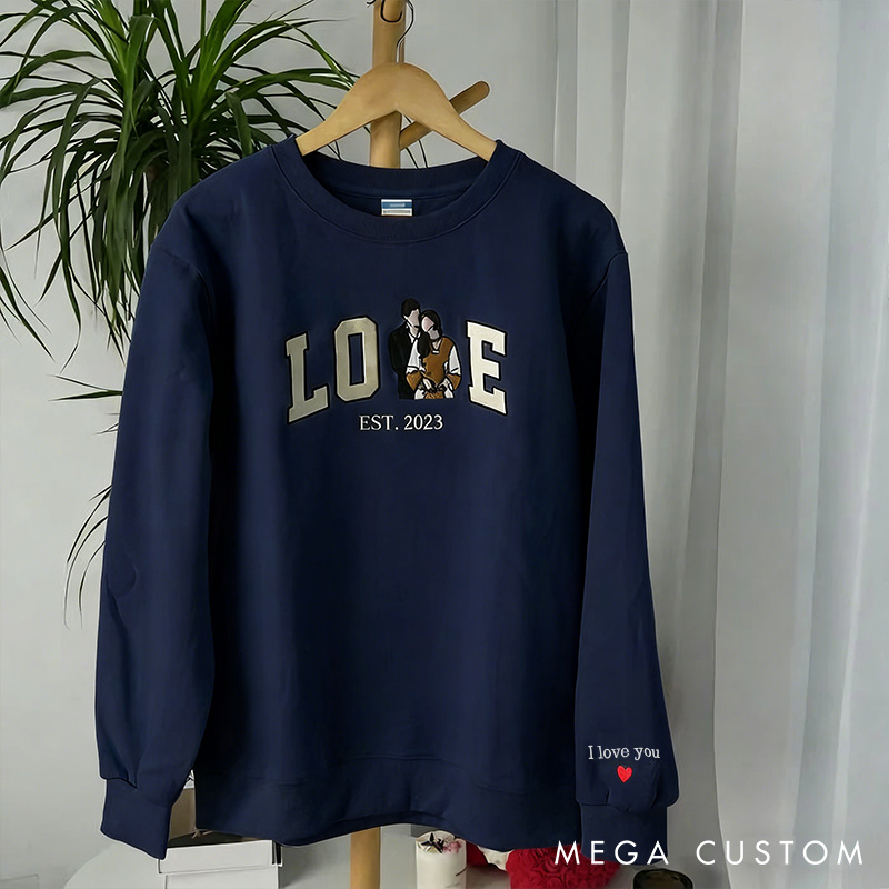 Personalized Couple Embroidered Photo Portrait Matching Sweatshirt Custom Couple Hoodie with Text Anniversary Gift Valentine's Day Gift for Him Her