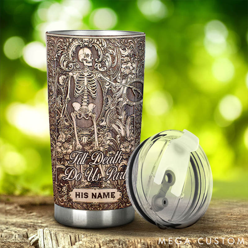 Personalized Till Death Do Us Part Skeleton Couple Tumbler Custom Gothic Couple Tumbler Imitation 3D Print Tumbler for Couple