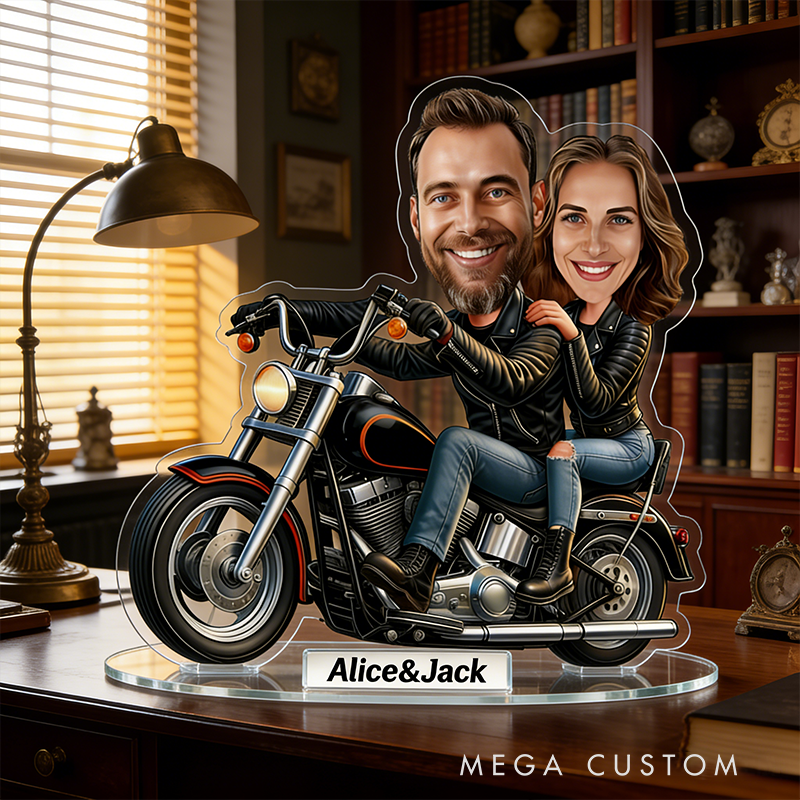 Personalized Motorcycle Couple Acrylic Figurine Custom Cartoon Portrait Biker Gift Photo to Caricature Bike Lovers Desk Decor