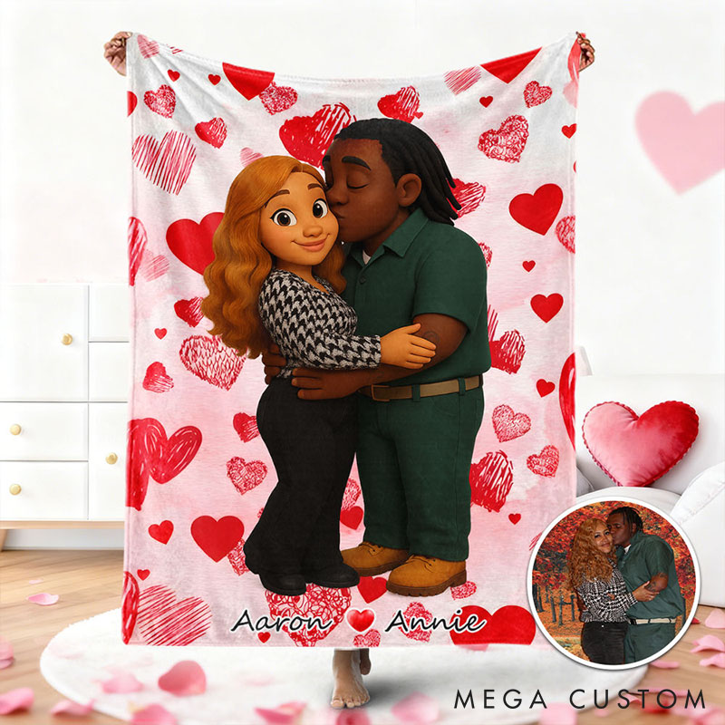 Personalized Couple Heart Blanket Custom Throw Blanket with Couple Face and Name Valentine's Day Gift for Couple