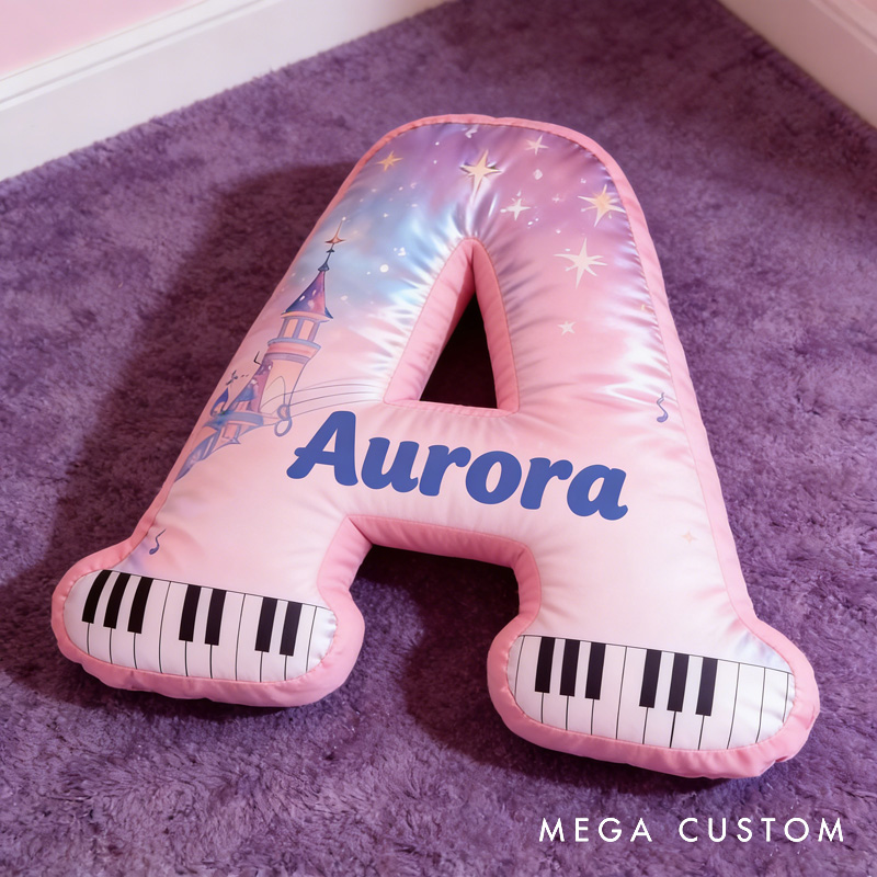 Personalized Castle Piano Letter Pillow with Name Soft Stuffed Toy for Kids Music Lovers Unique Decorative Cushion for Girls' Room