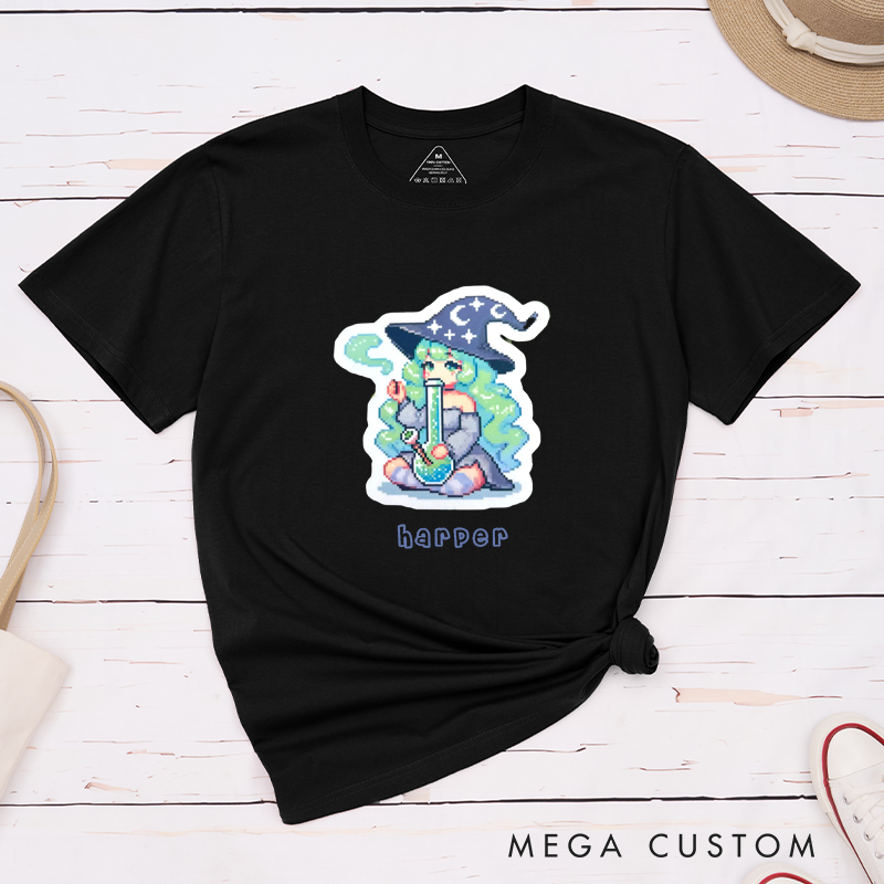 Personalized Cute Witch Smoking Pixel Art Classic T-Shirts Unisex Gift for Friends Magic Lover Unique Vaporwave Style Custom Name Casual Tee
