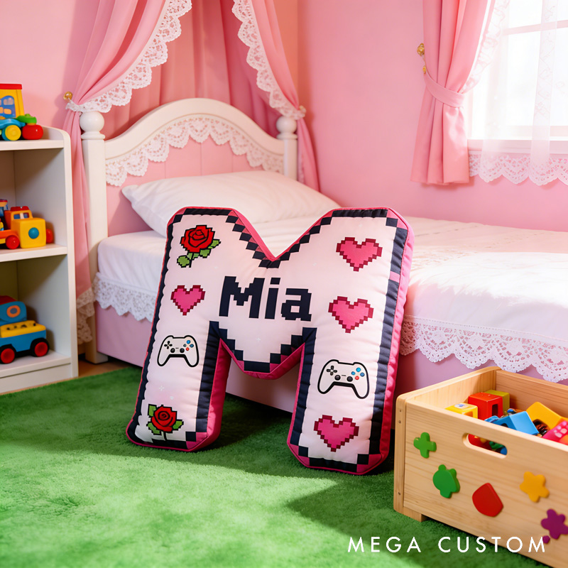 Personalized Heart Game Controller Pixels Letter Pillow with Name Perfect Gift for Gamers and Kids for Valentine's Day Anniversary birthday