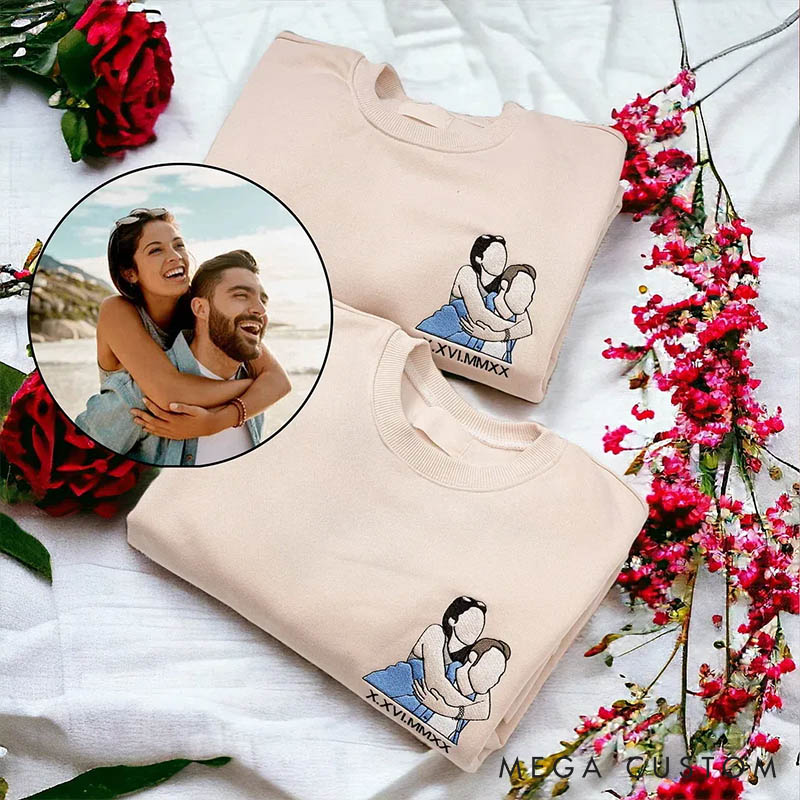 Personalized Couple Embroidered Photo Portrait Matching Sweatshirts Custom Couple Hoodies with Text Valentine's Day Gift Anniversary Gift for Him Her