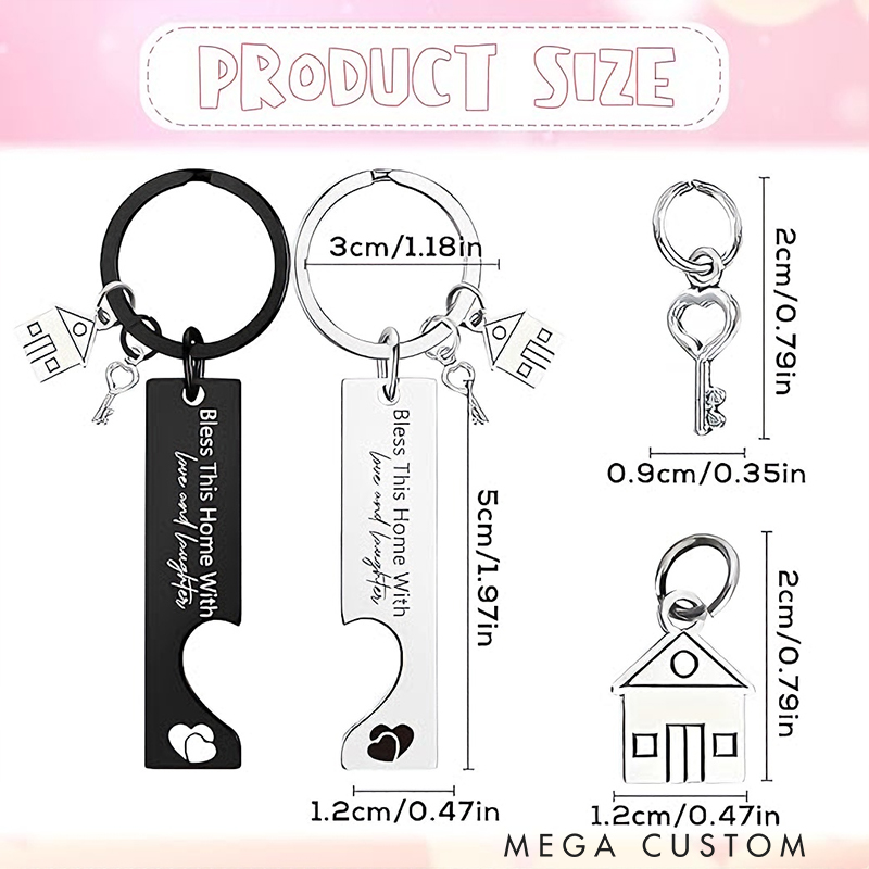 Personalized Home Key Couples Keychain Set 2pc Engraved Custom Initials Practical Housewarming Gift