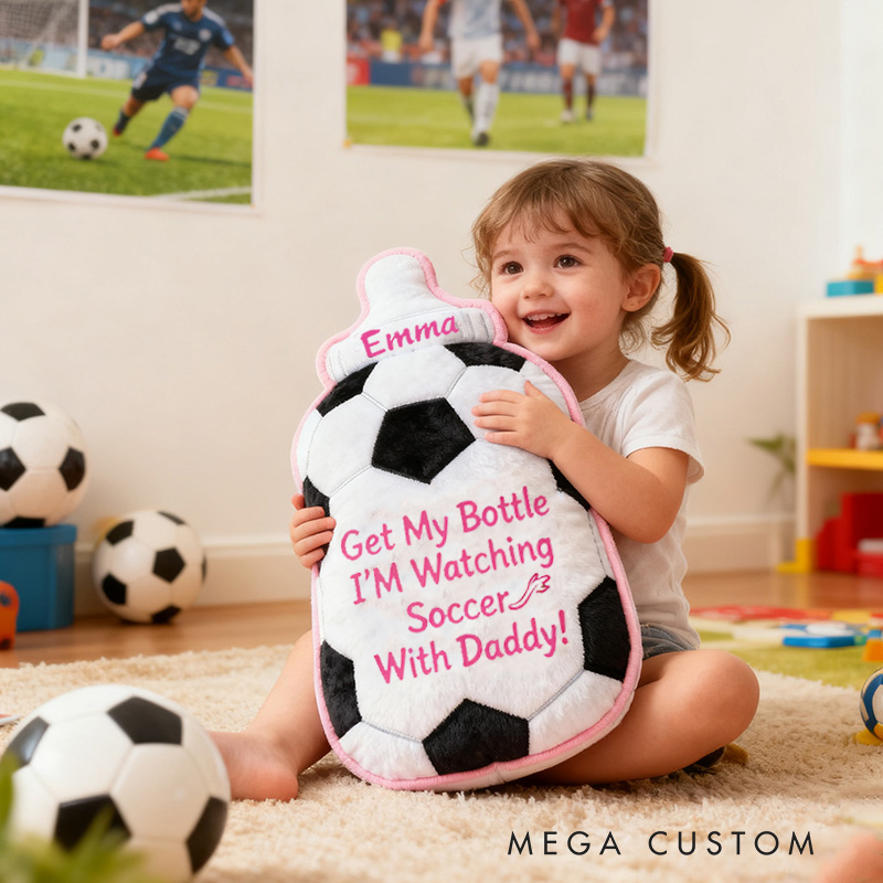 Personalized Soccer Bottle Name Custom Baby Gift Blue Pink Fun Sports Watching Soccer With Daddy Soft Decorative Graphic 3D Print Pillow