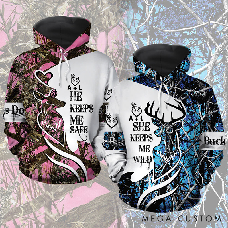 Personalized He Keeps Me Safe She Keeps Me Wild Couple Over Print Matching 3D Hoodie Valentine Gift for Couple 