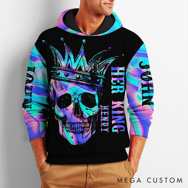 Personalized Skull Color Beauty King And Queen Matching 3D Hoodie Custom Name All Over Print Valentine Gift for Couple 