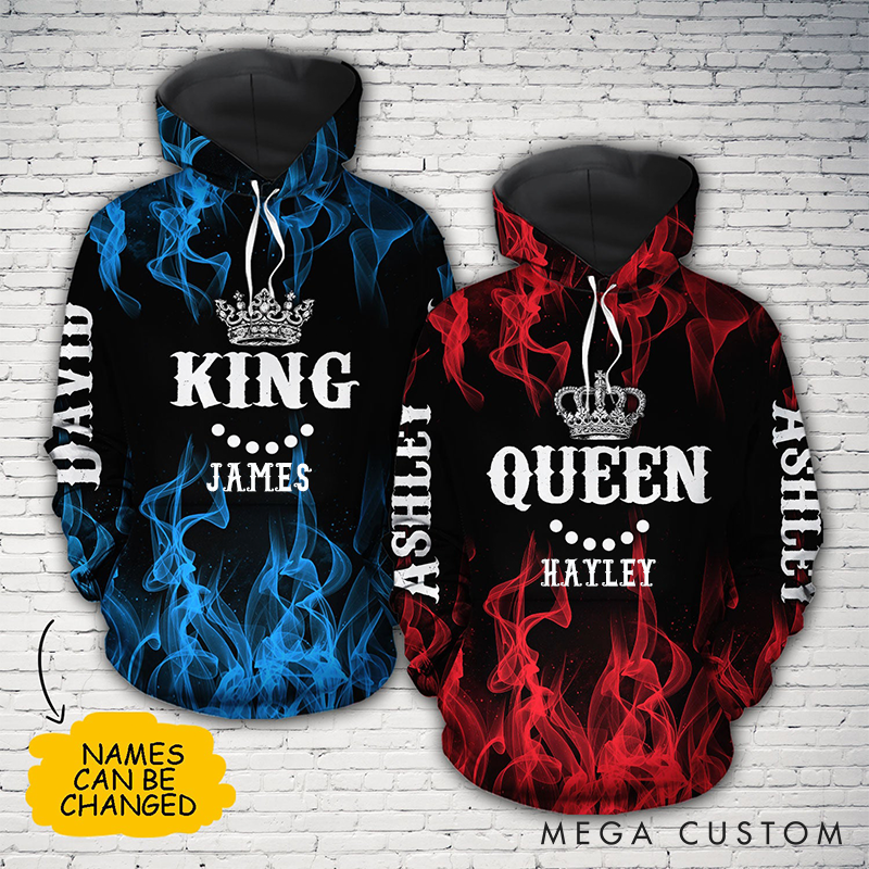 Personalized King And Queen Matching 3D Hoodie For Couple Custom Name All Over Print Hoodie Valentine Gift Couple 