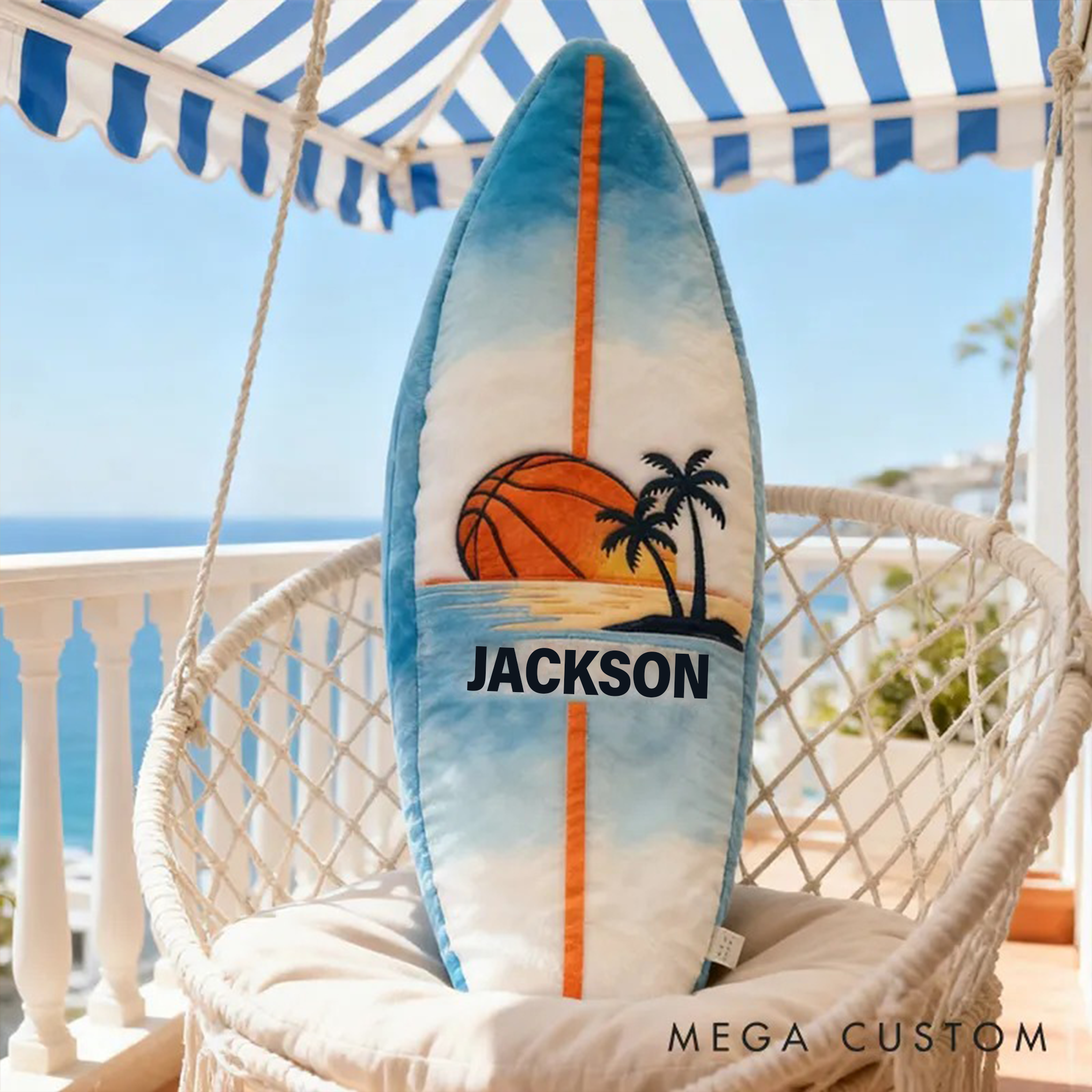 Personalized Surfboard Basketball Pillow with Custom Name for Beach Lovers and Basketball Lovers