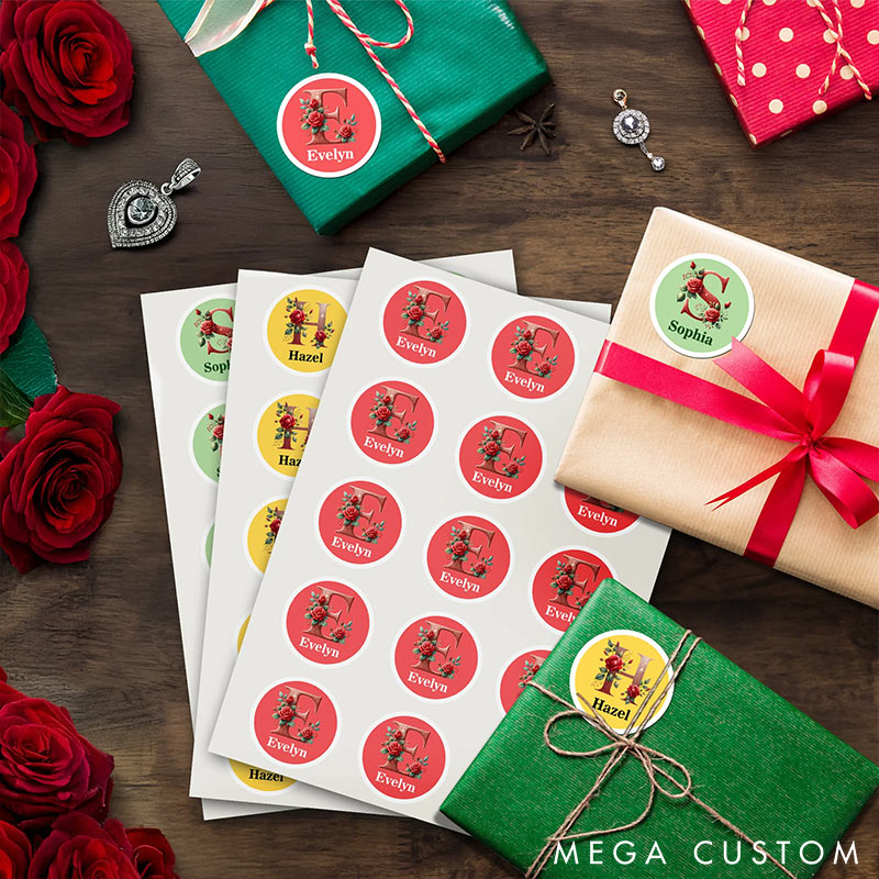 Personalized Romantic Rose Initial Stickers Labels with Name Gift Decor Valentine's Day Stickers Gift for Couple Anniversary Gift for Her for Lovers