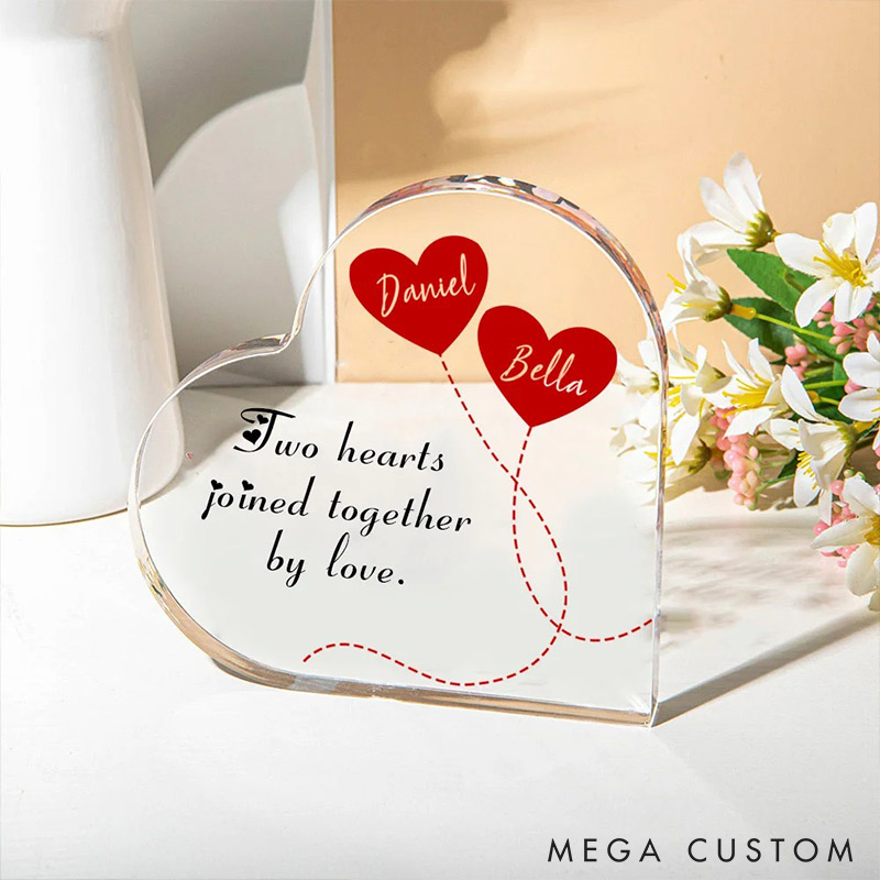 Personalized Couple Two Hearts Joined Together By Loves Heart Shaped Acrylic Plaque with Name Valentines Day Gift for Wife Husband for Couple