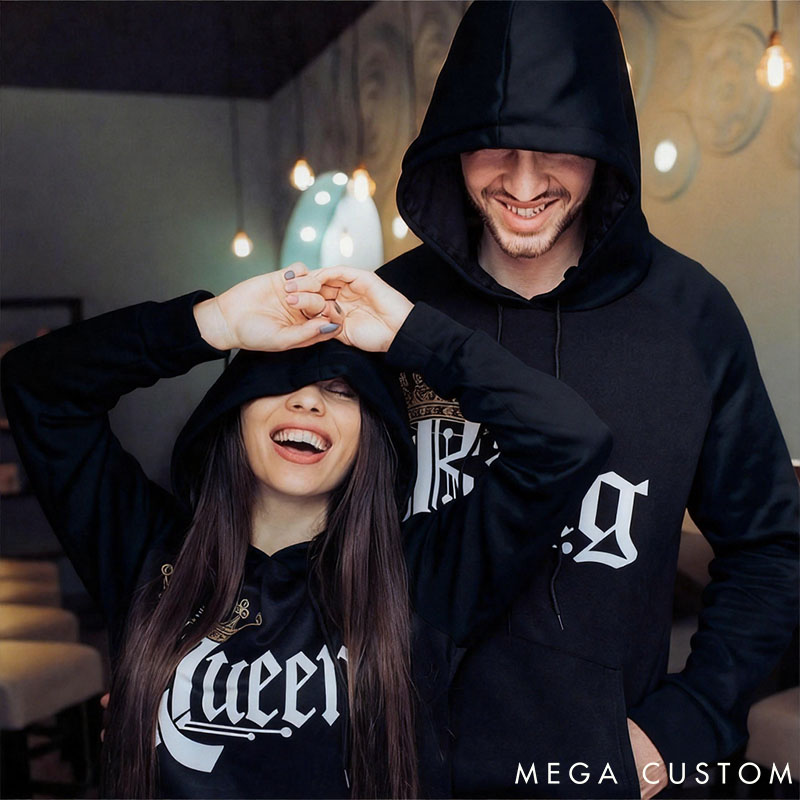 Personalized Couple Royal King and Queen with Crown Matching Hoodie Custom Couple Sweatshirt with Name Anniversary Valentine's Day Gift for Him Her