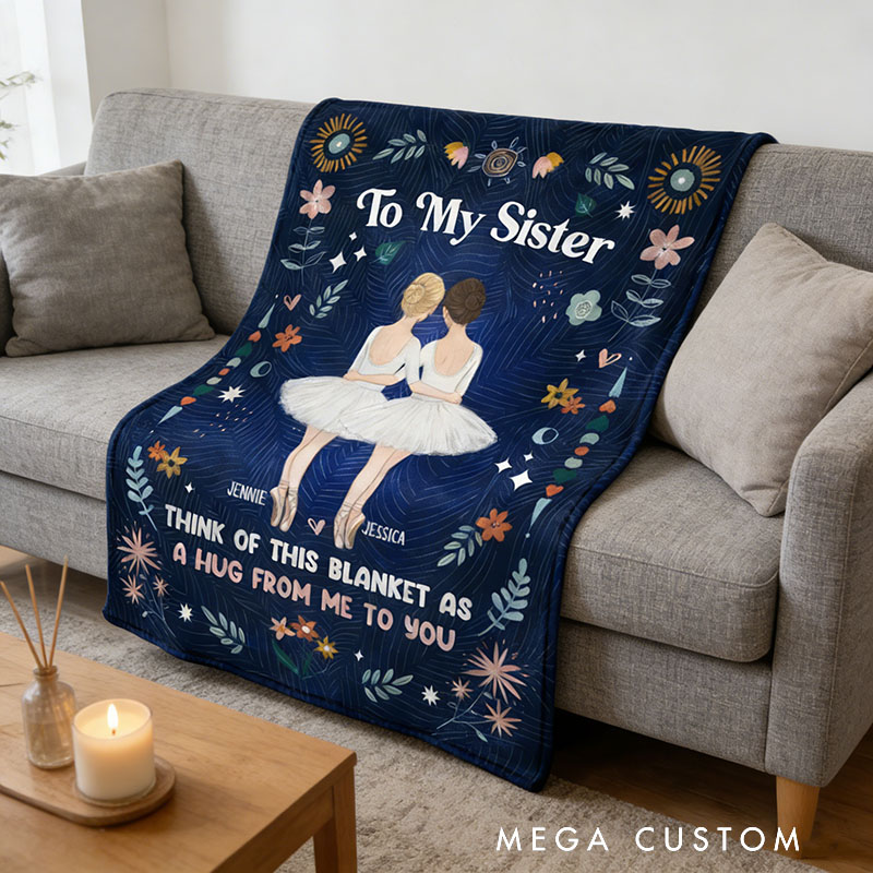 Personalized Cartoon Sister Blanket 'A Hug From Me To You' Custom Photo and Name Gift for Family Friends Dancer